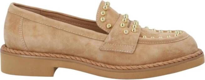 Bruno Premi Dames Camel Suède Loafers met Gouden Studs