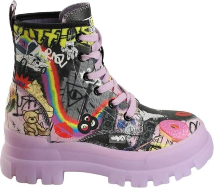 Buffalo Paars Zwart Veterschoenen met Hoge Top