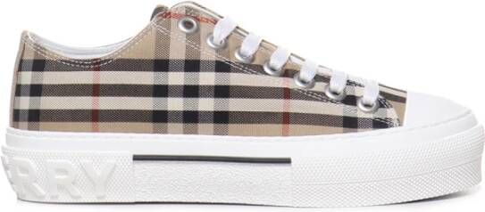 Burberry Beige Canvas Sneakers met Ruitmotief