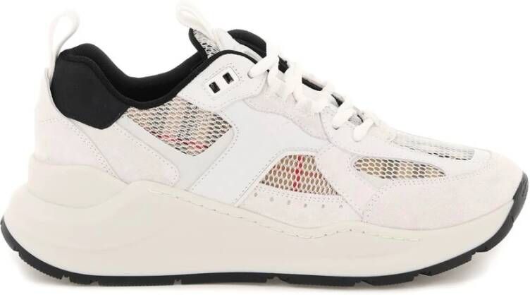 Burberry Sneakers van glad leer en suède met ruitjes mesh-inzetstukken White Dames