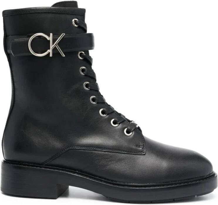 Calvin Klein Zwarte Leren Combatlaarzen met Rubberen Zool Black Dames