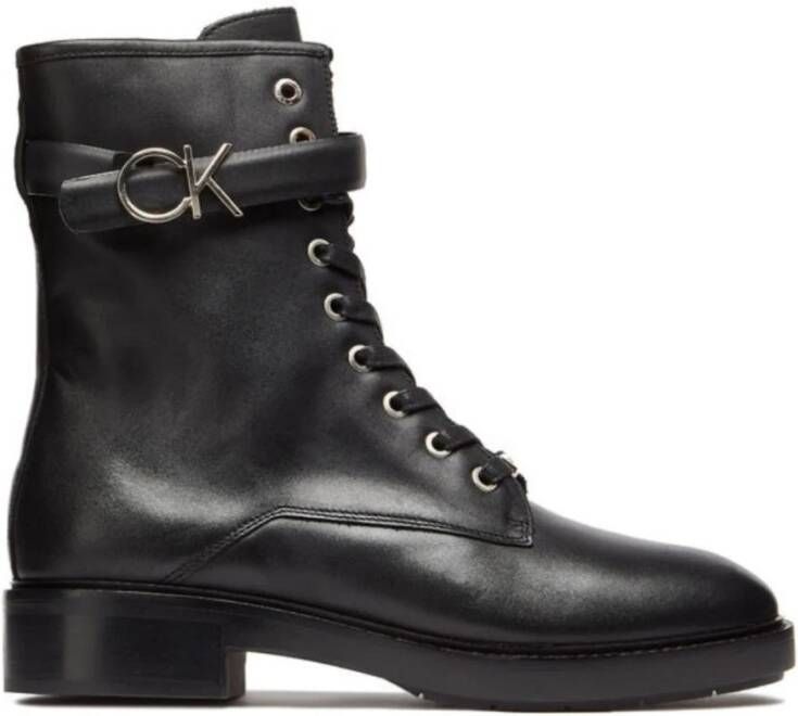 Calvin Klein Zwarte Leren Combatlaarzen met Rubberen Zool Black Dames