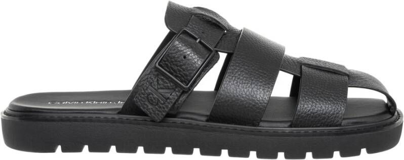 Calvin Klein Jeans Leren slippers met labeldetail