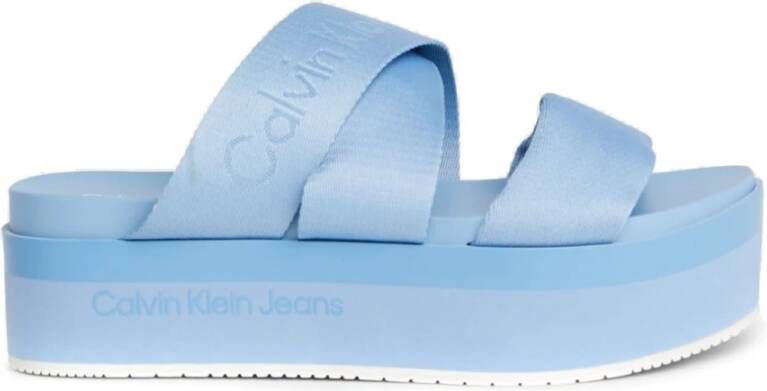 Calvin Klein Jeans Blauwe Platte Sandaal met Webbing Banden Blue Dames