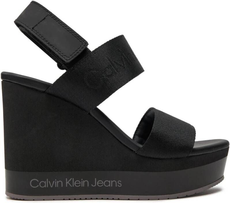 Calvin Klein Jeans Zwarte Sleehak Sandaal Webbing Vrouwen Black Dames