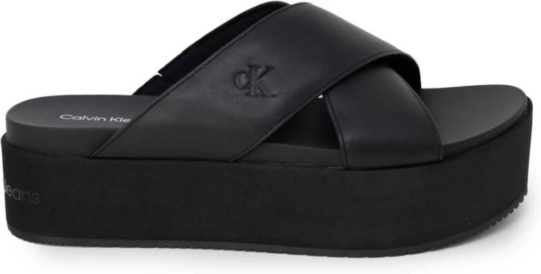 Calvin Klein Jeans Zwarte Cross Flatform Slippers Black Dames