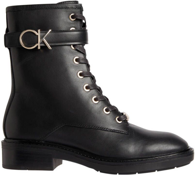 Calvin Klein Zwarte Leren Combatlaarzen met Rubberen Zool Black Dames