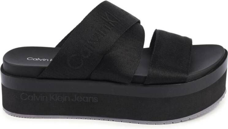 Calvin Klein Jeans Zwarte Platte Sandaal Webbing Black Dames