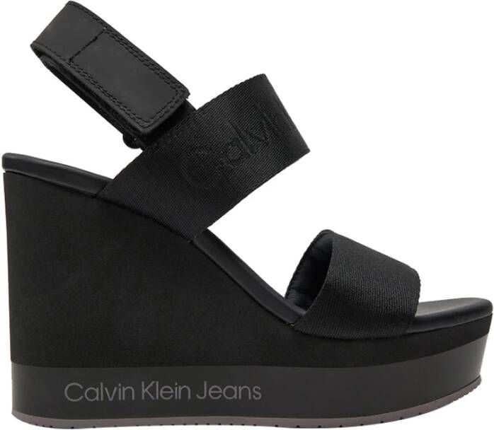Calvin Klein Jeans Zwarte Sleehak Sandaal Webbing Vrouwen Black Dames