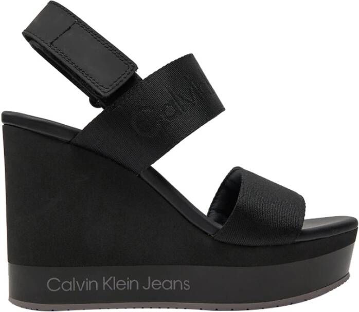 Calvin Klein Zwarte Gekruiste Band Wig Sandalen Black Dames