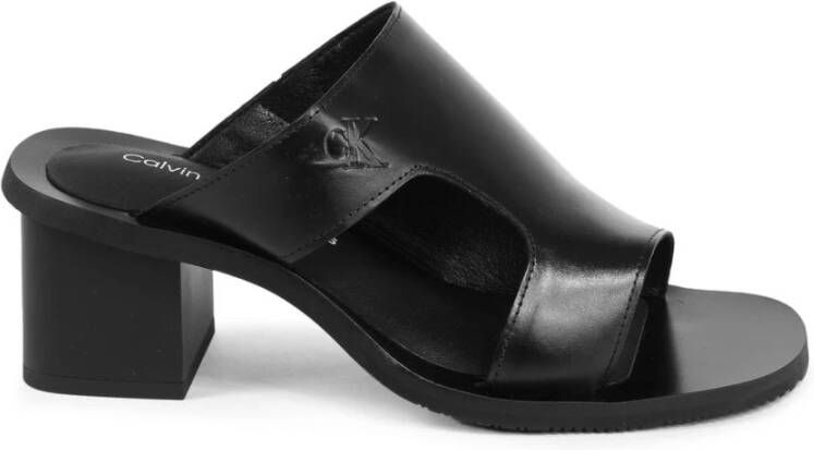 Calvin Klein Zwarte Leren Blokhak Sandalen