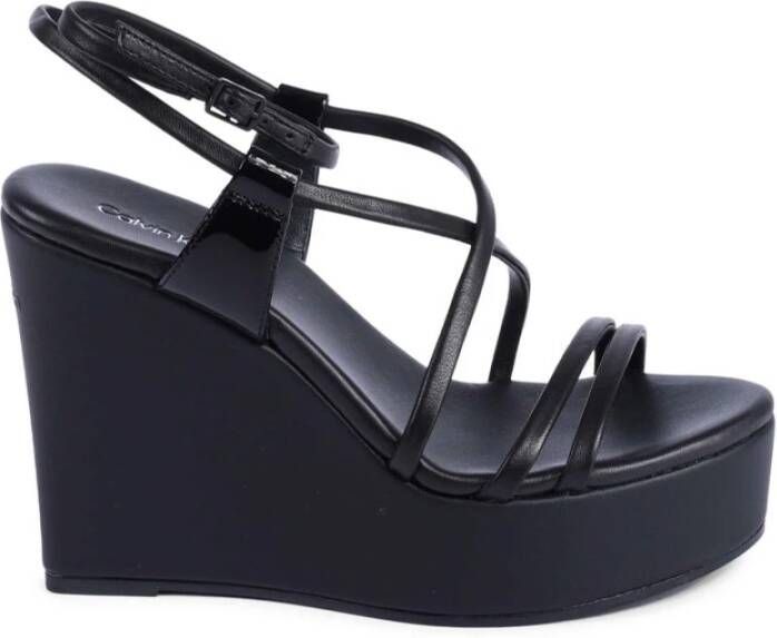 Calvin Klein Zwarte Leren Plateau Sleehak Sandalen