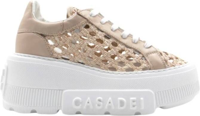 Casadei Roze Geweven Stro Effect Sneakers Beige Dames