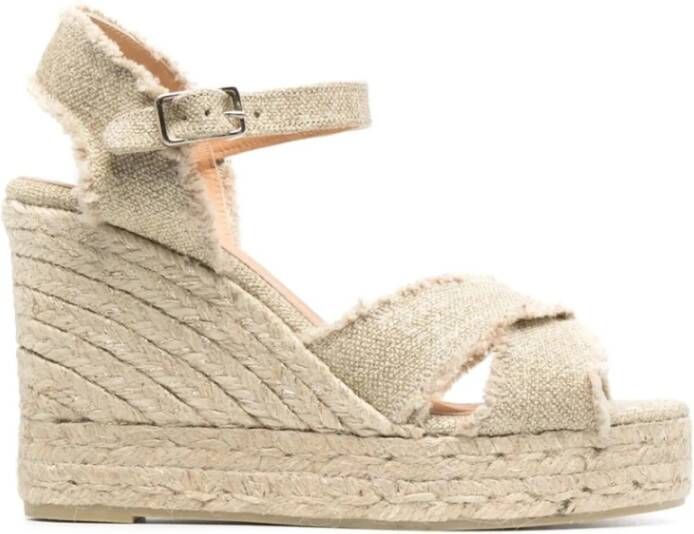 Castañer Beige Crossover Strap Raffia Sleehak Sandalen