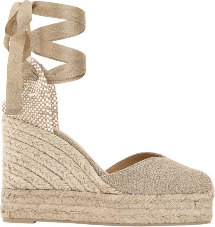 Castañer Chiara metallic-linnen espadrilles met striksluiting en 11 cm sleehak met dubbele platform. Yellow Dames