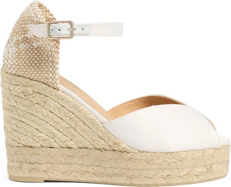Castañer Bianca satijnen espadrilles met striksluiting dubbele platform en 11 cm hak.