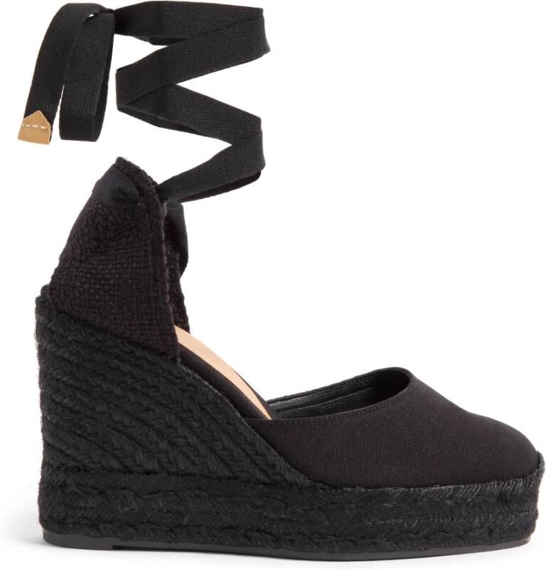 Castañer Carina katoenen espadrilles met striksluiting en 11 cm sleehak. Black Dames