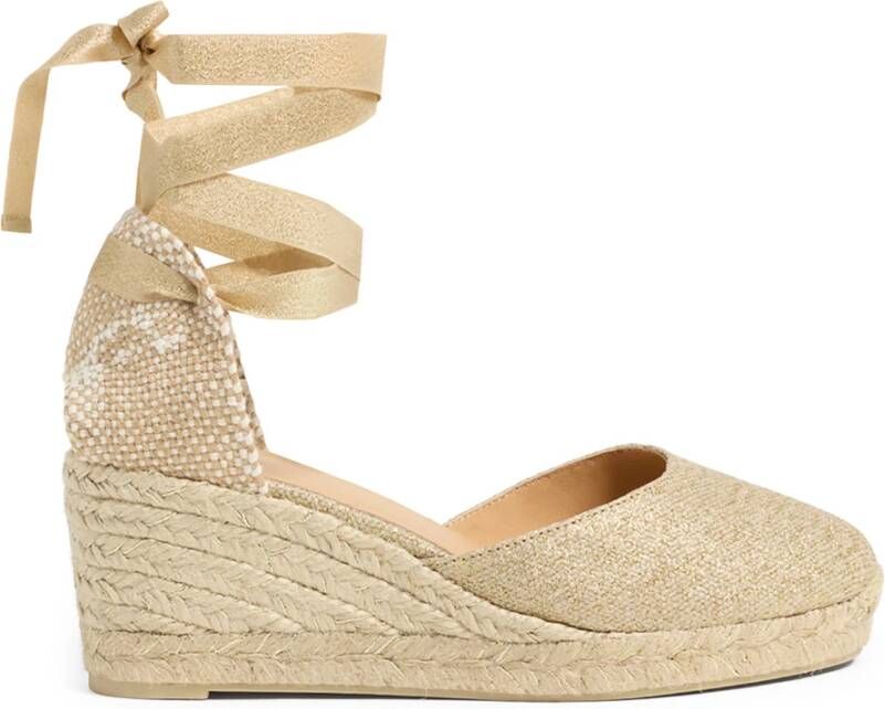 Castañer Carina metallic-linnen espadrilles met striksluiting en 7 cm sleehak.