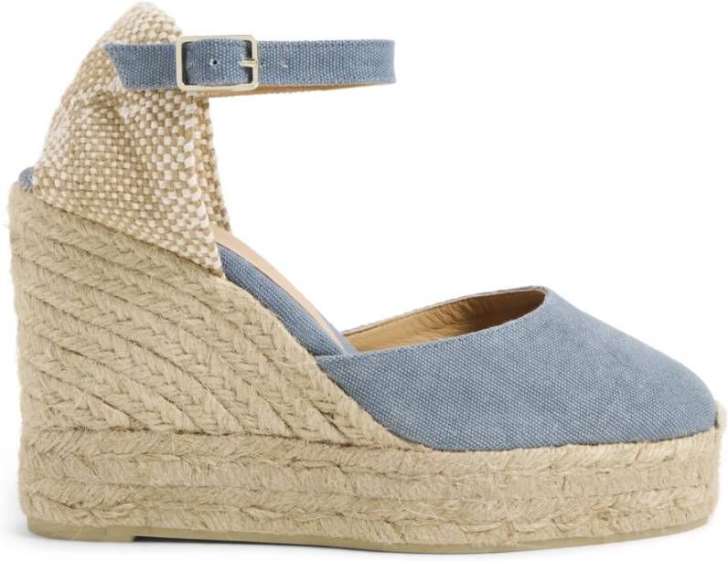 Castañer Carol gewassen katoenen espadrilles met enkelbandje met zij metalen gesp en 11 cm sleehak. Blue Dames