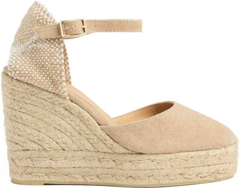 Castañer Carol gewassen katoenen espadrilles met enkelbandje met metalen gesp aan de zijkant en 11 cm sleehak. Beige Dames