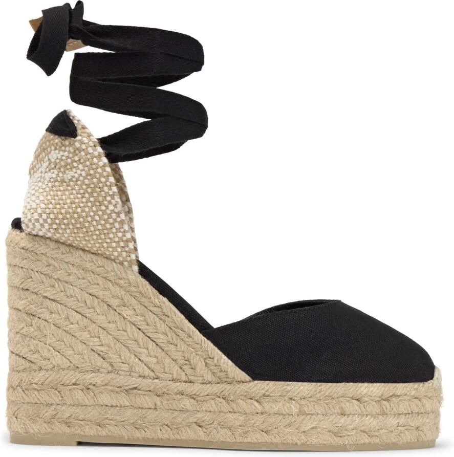 Castañer Carina katoenen espadrilles met striksluiting dubbele zool en 9 cm sleehak.