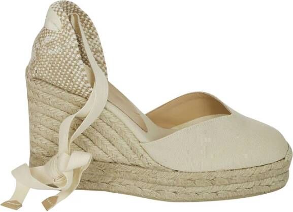 Castañer Chiara biologisch katoenen espadrilles met striksluiting en 11 cm sleehak met dubbele platform. Beige Dames