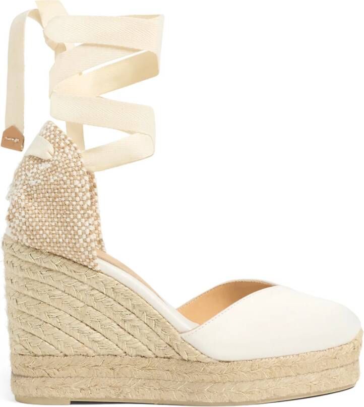 Castañer Chiara sateen espadrilles met striksluiting en 11 cm sleehak met dubbele platform.