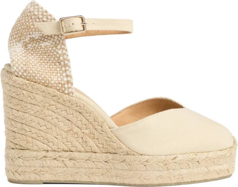 Castañer Chiarita katoenen espadrilles met enkelbandje met zijdelingse metalen gesp en dubbele platform met 9 cm sleehak.
