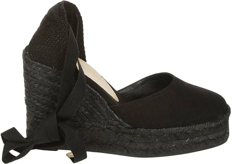 Castañer Carina katoenen espadrilles met striksluiting en 11 cm sleehak. Black Dames