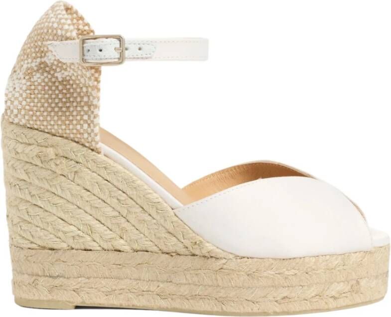 Castañer Bianca satijnen espadrilles met striksluiting dubbele platform en 11 cm hak.