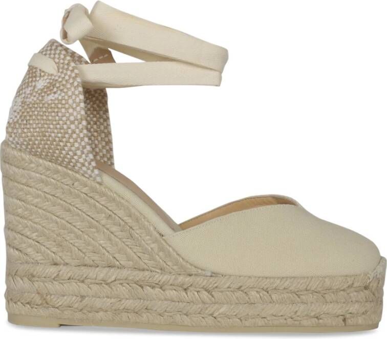 Castañer Chiara biologisch katoenen espadrilles met striksluiting en 11 cm sleehak met dubbele platform. Beige Dames