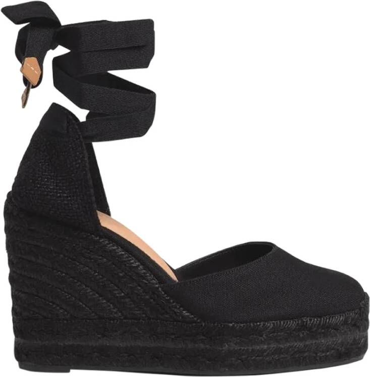 Castañer Carina katoenen espadrilles met striksluiting en 11 cm sleehak. Black Dames