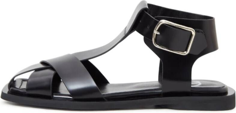 Cesare Gaspari Zwarte Enkelband Platte Zool Sandalen Black Dames