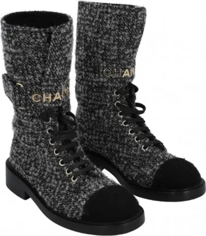 Chanel Vintage Grijze en Zwarte Tweed Stoffen Laarzen Black Dames