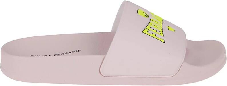 Chiara Ferragni Collection Roze Sliders met Gele Tekst Pink Dames