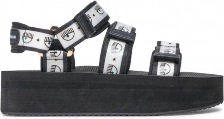 Chiara Ferragni Collection Stijlvolle zwarte platte sandalen met Logomania-bandjes Black Dames