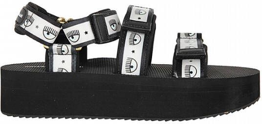 Chiara Ferragni Collection Stijlvolle zwarte platte sandalen met Logomania-bandjes Black Dames