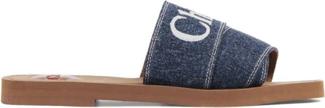 Chloé Denimblauwe Katoenen Slides met Dubbele Voorkantband Blue