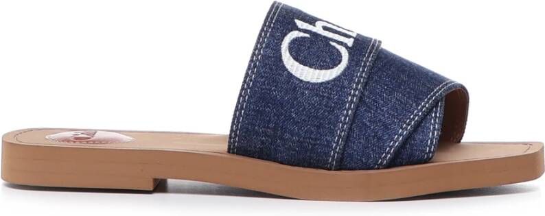 Chloé Denimblauwe Katoenen Slides met Dubbele Voorkantband Blue