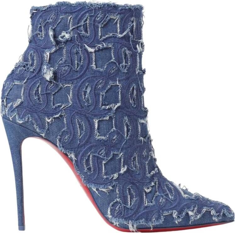Christian Louboutin Blauwe Denim Logo Hoge Hak Laarzen