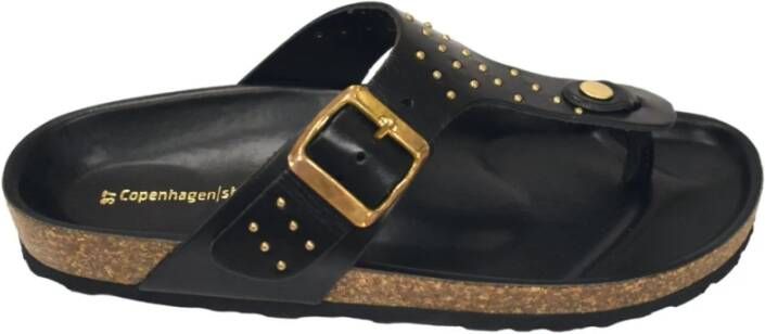Copenhagen Shoes Zwarte Sandaal met Teenband en Gouden Studs Black Dames
