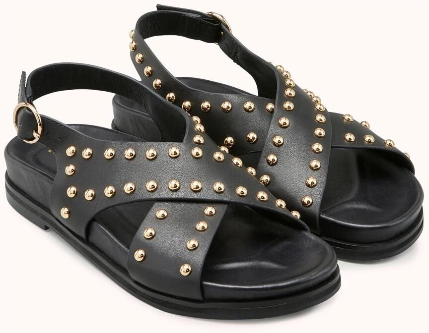 Cosmoparis Zwarte leren platte sandaal met gouden studs