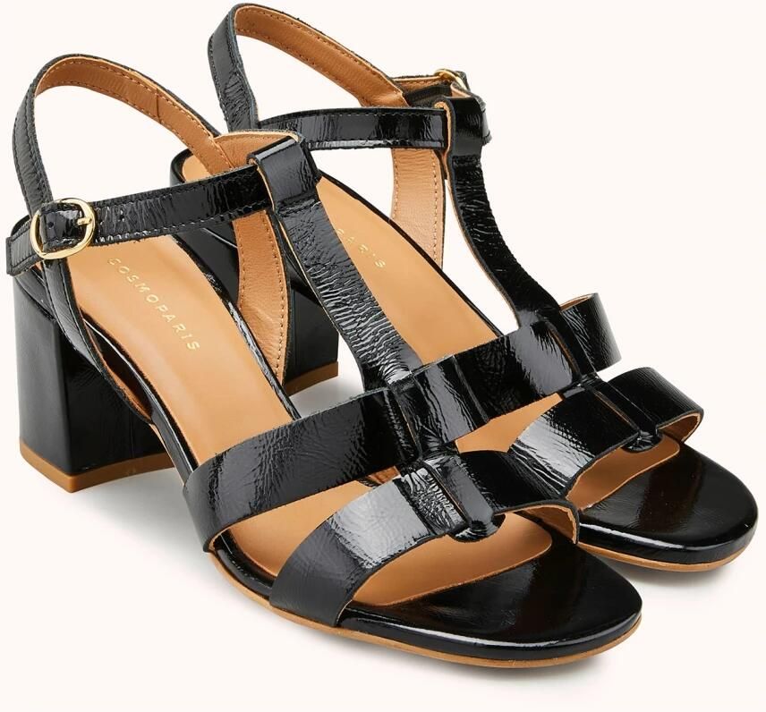 Cosmoparis Zwarte sandalen van gebarsten leer met blokhak van 7 cm