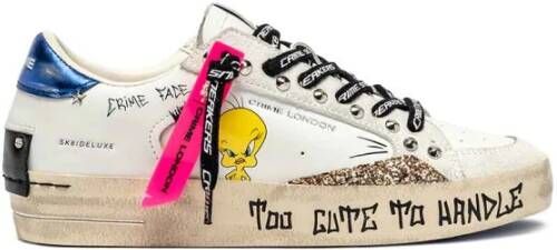 Crime London Witte leren sneakers met gouden glitterinzetten