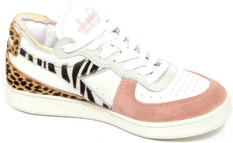 Diadora Heritage Mi Basket Row Cut Savannah Wn lederen veter sneakers wit roze zebra leopard
