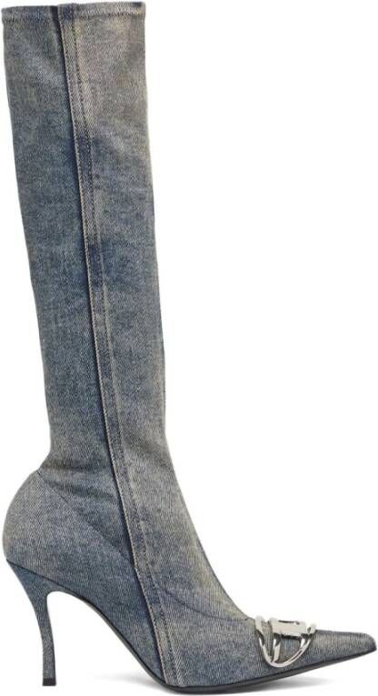 Diesel Blauwe Denim Kniehoge Laarzen met Gebeeldhouwde Hak