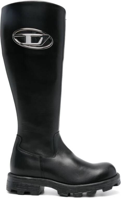 Diesel Glanzende leren laarzen met logoplaquette Black Dames