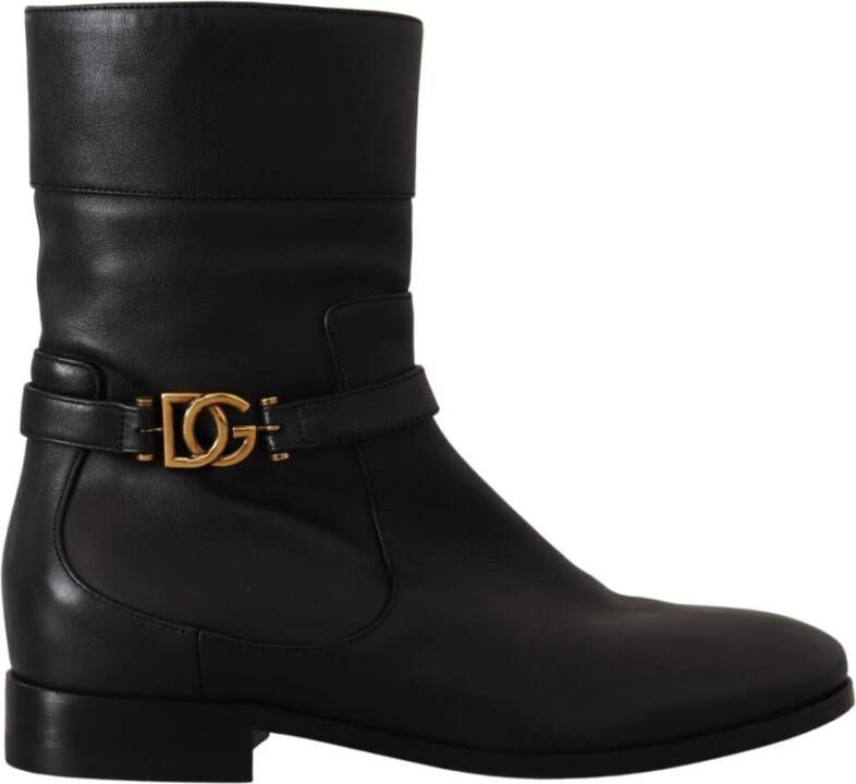 Dolce & Gabbana Black Leather Flats Logo Short Boots Shoes Zwart Dames