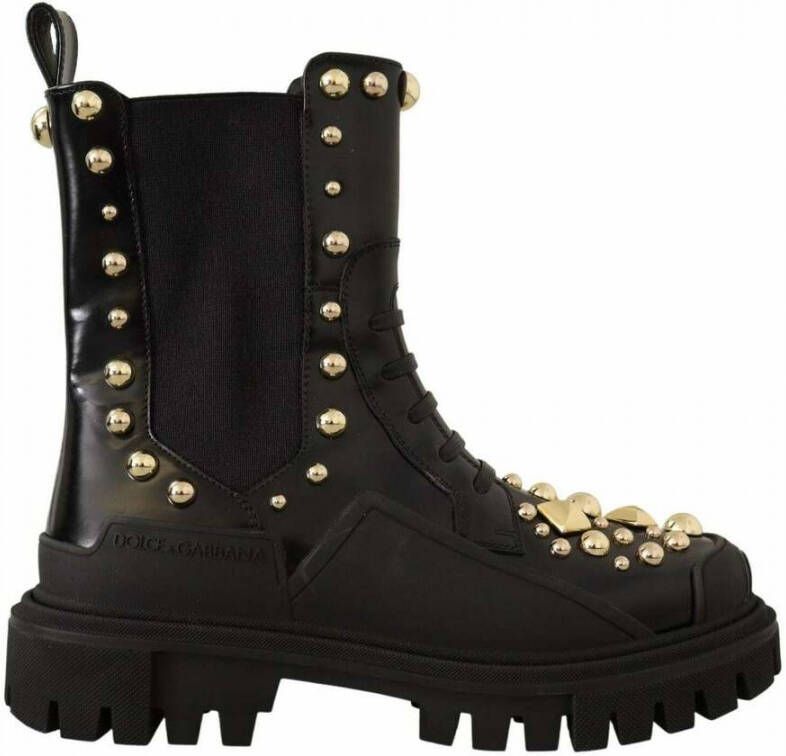 Dolce & Gabbana Black Leather Studded Combat Boots Zwart Dames