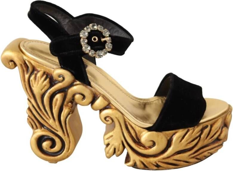 Dolce & Gabbana Black Gold Baroque Velvet Heels Crystal Shoes Zwart Dames